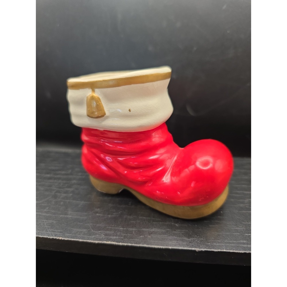 Vintage Ceramic Santa Claus Boot Planter Red White Gold Trim Retro MCM Japan #1
